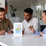 Three travel agents sitting at a desk in a modern office, smiling and discussing documents, with a globe and travel brochure visible on the table