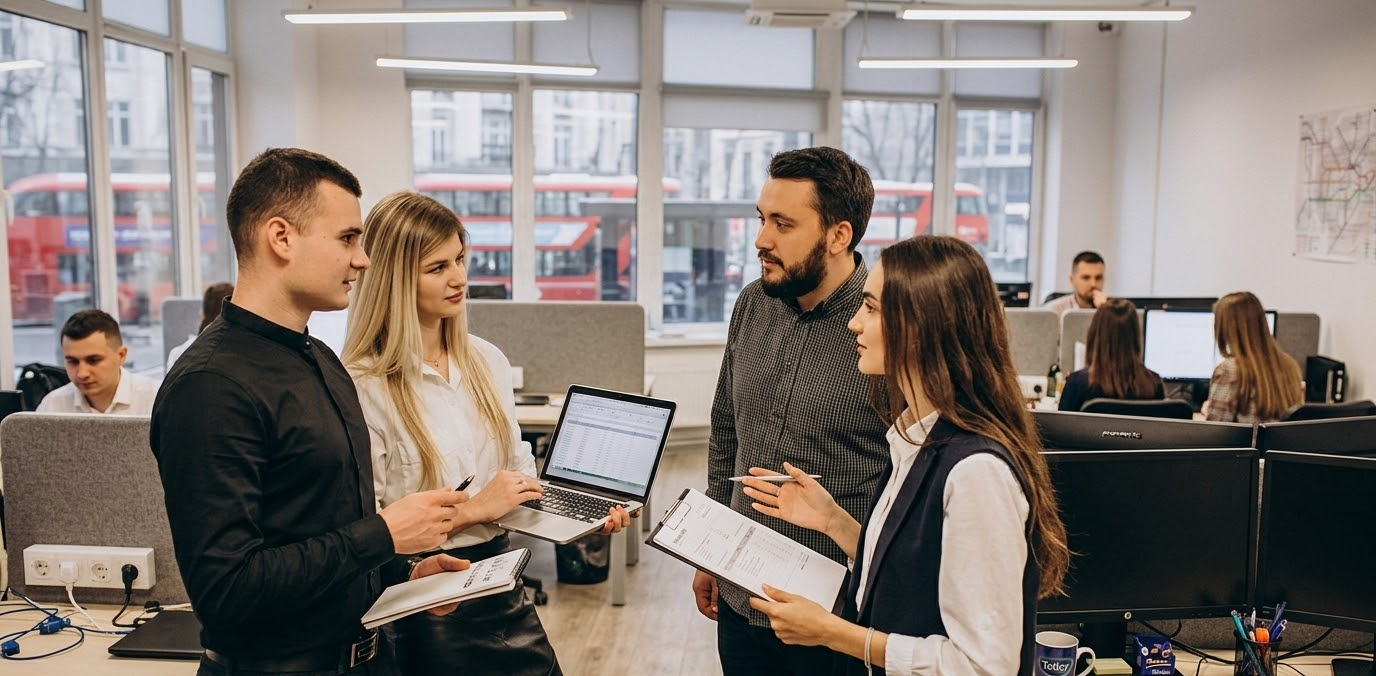 Office team discussing a project with a laptop and documents in a modern workplace setting with windows in the background