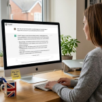 A woman sits at a desk, focused on her computer screen, with a tidy workspace around her