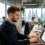 Man working on laptop in modern London office with city skyline view, surrounded by colleagues, focused on data analytics