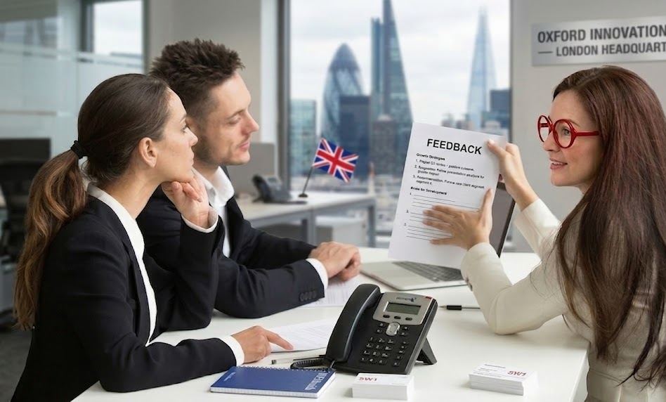 Business meeting in London office with three people discussing feedback form, Union Jack flag and cityscape view