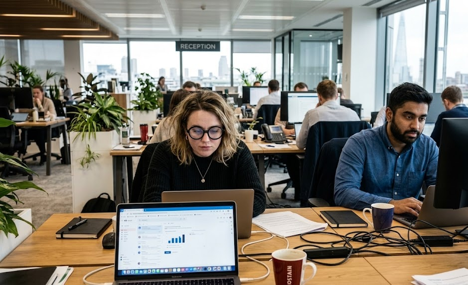 Office workspace with diverse employees focused on laptops, modern open-plan design, plants and city view in background