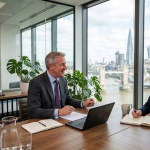 Business meeting in a modern office with a view of London skyline through large windows, colleagues discussing work agenda