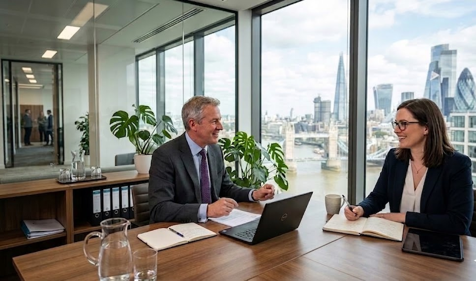 Business meeting in a modern office with a view of London skyline through large windows, colleagues discussing work agenda